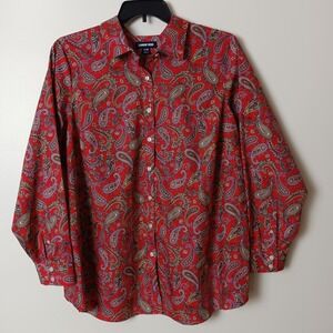 Lands End Womens 22W Red Paisley No Iron Supima Cotton Button Up Blouse